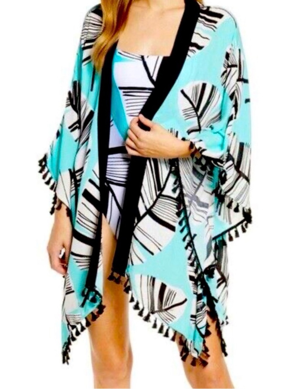 Turquoise & Black Tropical Leaf Kimono Cover-Up